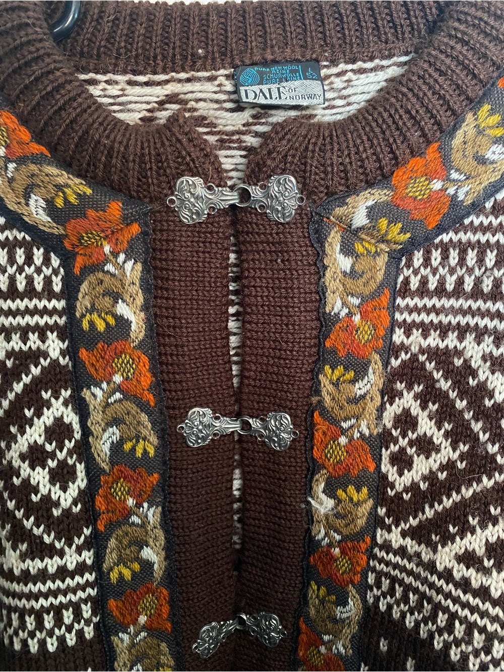 Dale of Norway Brown and White Norwegian Wool Cardigan with Floral Trim - Picture 2 of 3